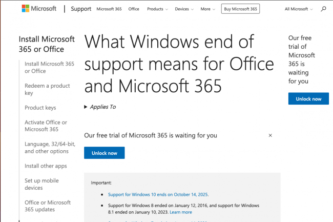 Microsoft stoppera aussi le support d'Office365 sur Windows 10 en octobre